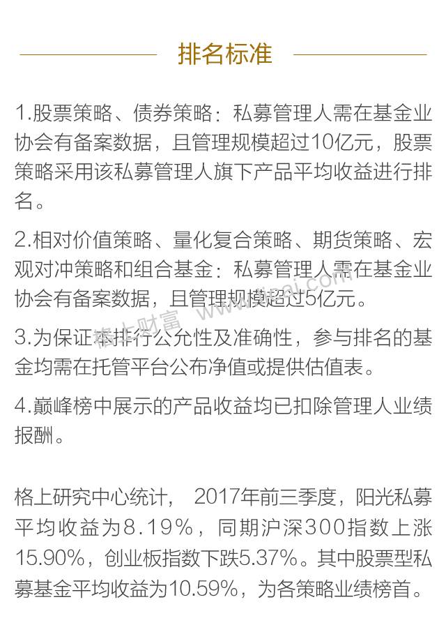 2017年前三季度中国阳光私募基金巅峰榜(榜单)