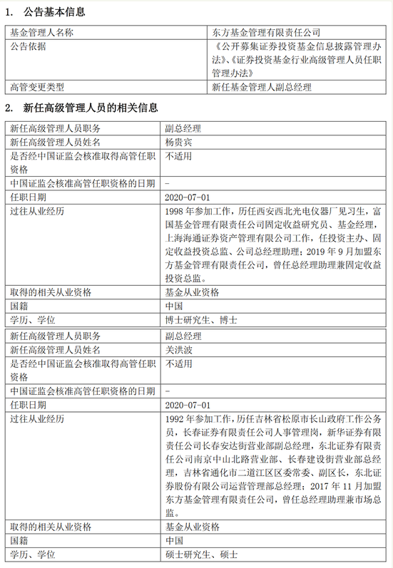 上任2高管！东方基金新任杨贵宾、关洪波为副总经理