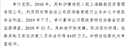 审计署：徽商银行原高管违规入股私募基金 谋取非法利益