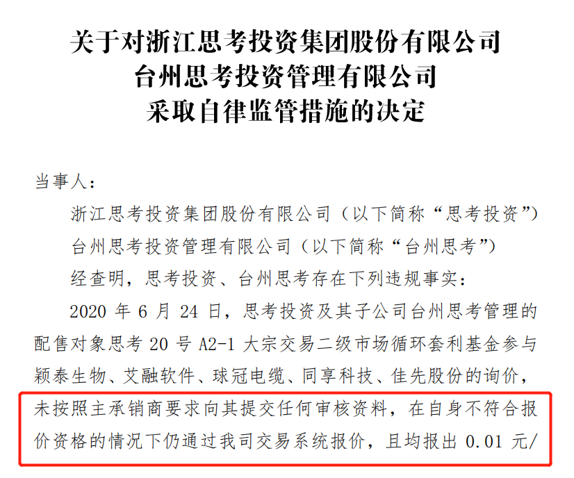 思考投资违规参与5只精选层股票询价：均报0.01元 被限制证券买入3个月