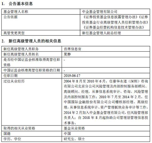 第14家基金公司迎首席信息官：中金基金夏静上任