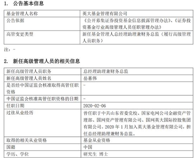 英大基金高管变更：任岳喜伟为总经理助理兼财务总监