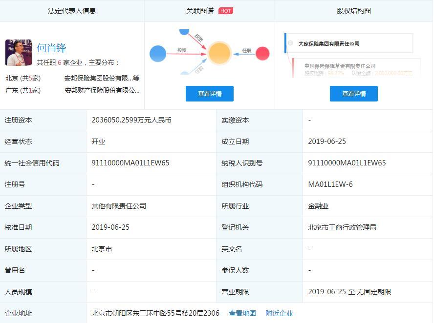 大家保险注资203.6亿开业 安邦保险接管组组长何肖锋任法定代表人