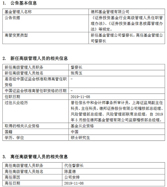 德邦基金新任张秀玉为督察长 总经理陈星德不在代任