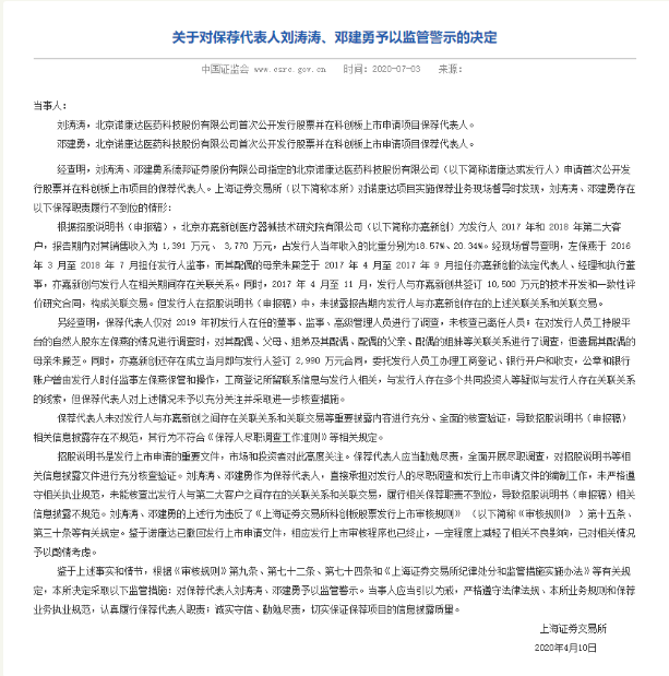 德邦证券保荐人未核查出诺康达关联交易收到监管警示 2018年至今仅保荐3家IPO