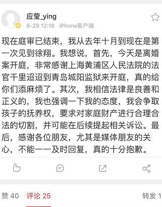 徐翔离婚案最新进展 应莹：争取孩子抚养权 合理合法切割家庭财产