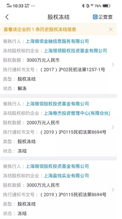 因合同纠纷银领基金旗下两公司股权被冻结 身后暗藏海银系身影