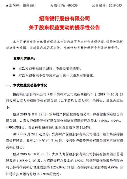 “安邦”渐行渐远！安邦财险出清招行 送别最后一只举牌股！