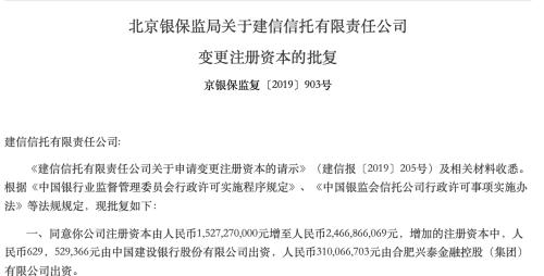 建信信托增资至24.67亿元 近三月被罚130万元