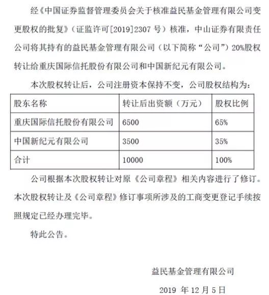 低调的信托金控平台重庆信托以65%股份控股益民基金