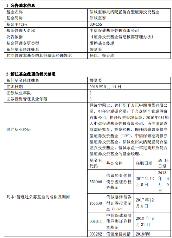 中信保诚2总监带新人 信诚至泰增聘缪夏美为基金经理