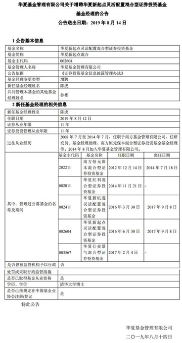 华夏基金两产品分别增聘陈虎、柳万军为基金经理