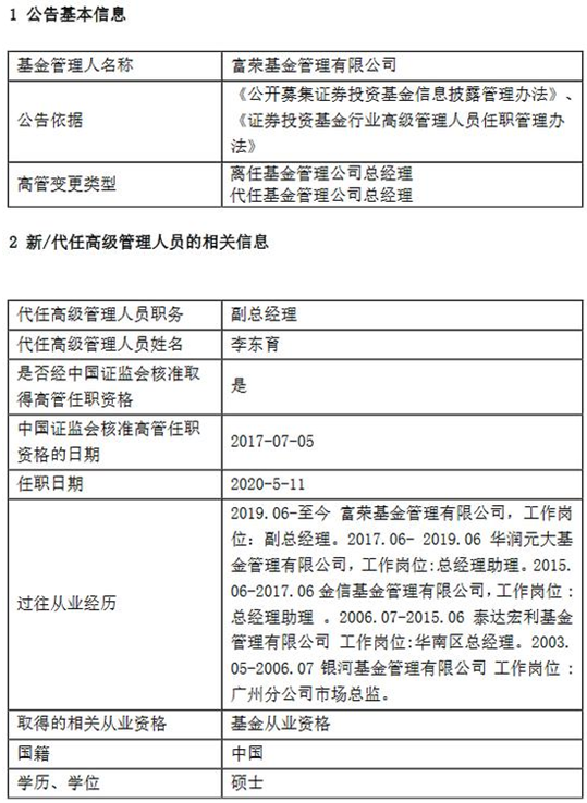 富荣基金郭容辰因个人原因离任 由副总李东育代任总经理