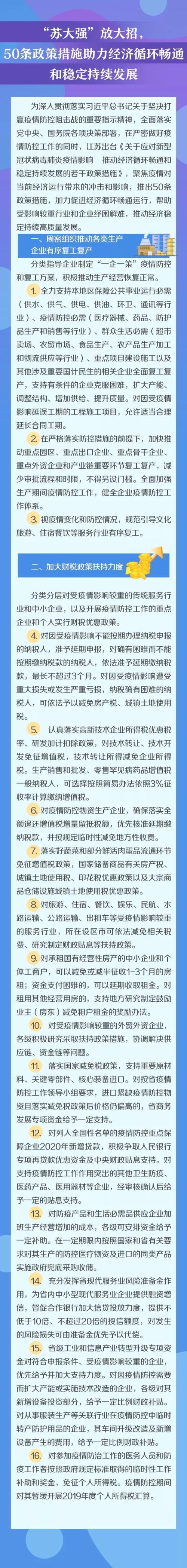 江苏出台50条举措助推疫期经济发展：可缓缴保险