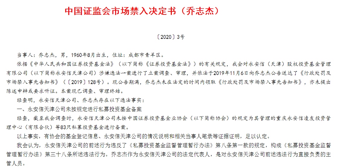 83只产品未备案：私募永安信被罚 法人被市场禁入5年