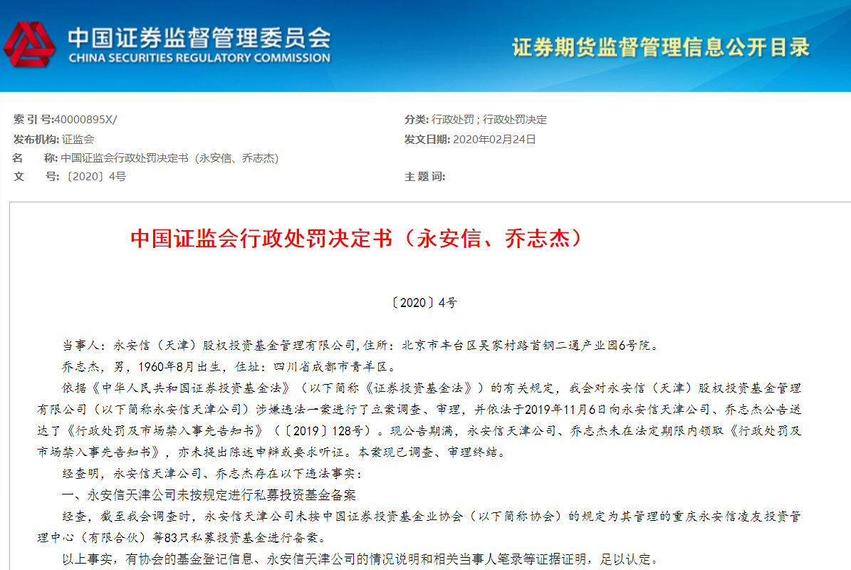 83只产品未备案：私募永安信被罚 法人被市场禁入5年