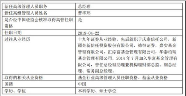 华富基金总经理变更 余海春离职常务副总曹华玮上任