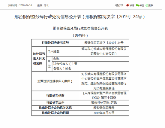 长城人寿邢台中心支公司客户信息管理不规范 被罚4万