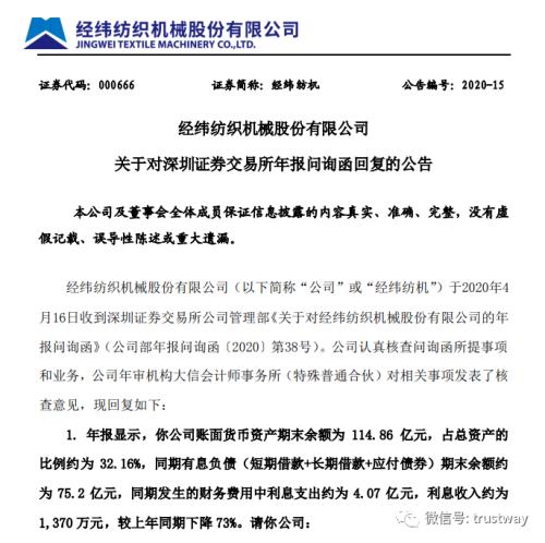 经纬纺机账面惊现115亿货币资金！竟多为中融信托定期存款