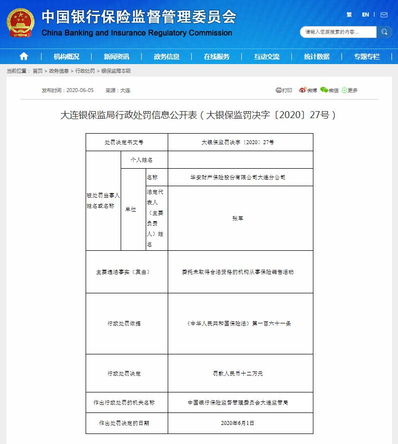 华安财险被罚12万：委托未取得合法资格的机构从事保险销售活动