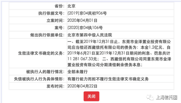 泰禾集团因与西藏信托债务纠纷，董事长黄其森被列入失信被执行人名单