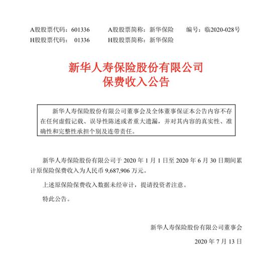 新华保险：上半年累计原保费收入为968.79亿元