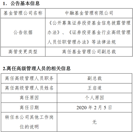 任职近2年 中融基金王启道因个人原因离任公司副总裁