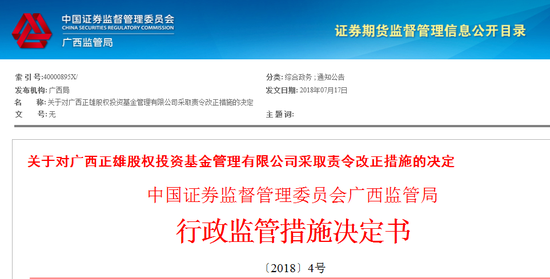 正雄投资信息披露更新不合规 被广西证监局责令改正