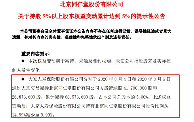 大家人寿减持同仁堂股份 买方为国信证券深圳振华路营业部