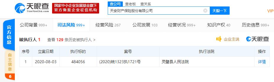 天安财产保险股份有限公司被列为被执行人 执行标的超48万