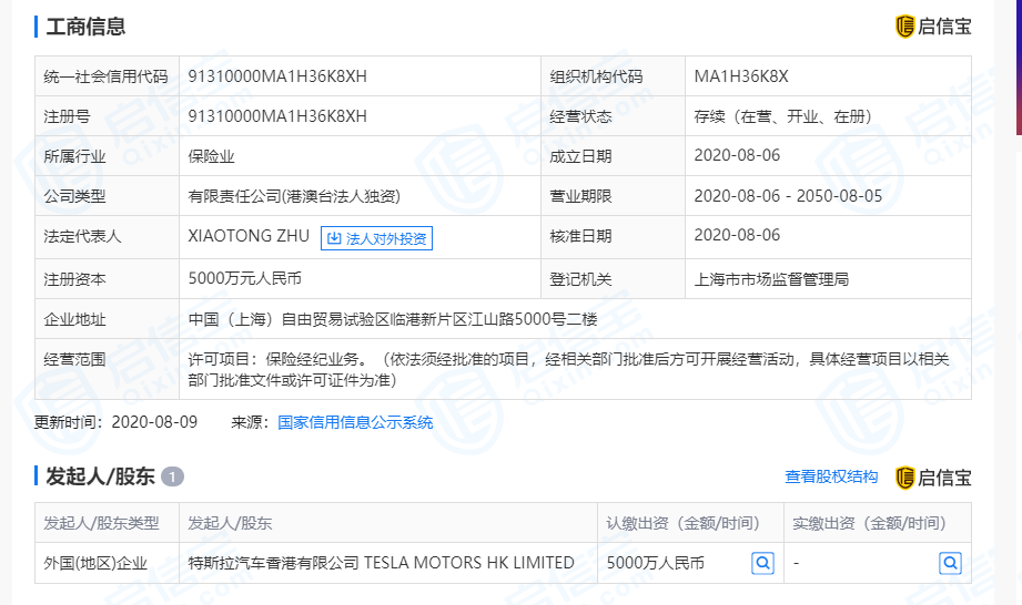 特斯拉发起成立保险经纪公司，注册资本金5000万元；专家：有利于推动整个车险领域的创新