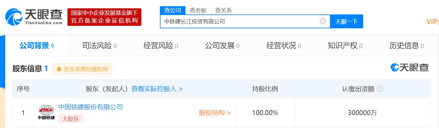 中铁建长江投资有限公司成立 法人张挺军注册资本30亿