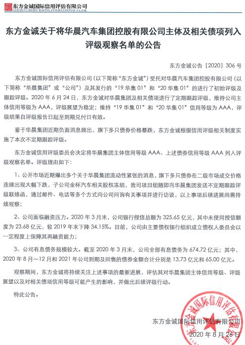 债券异动！华晨汽车被列入评级观察名单 存续176亿债券