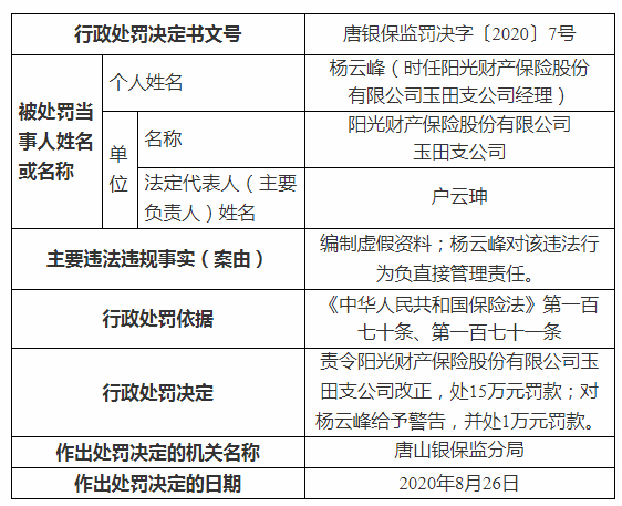 编制虚假资料！阳光财险一支公司被罚15万，责任人也被罚