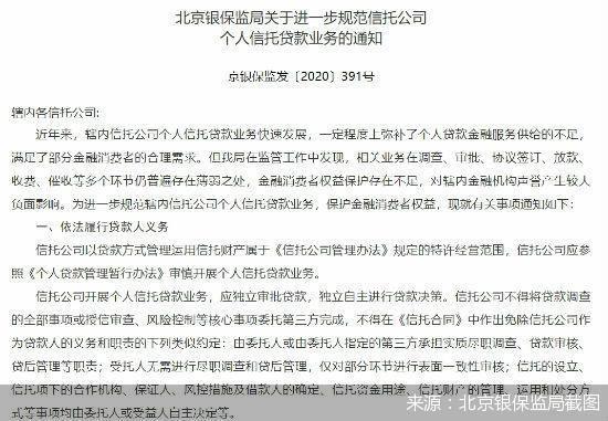 个人信托贷款监管趋严 北京银保监局要求信托公司审慎开展业务