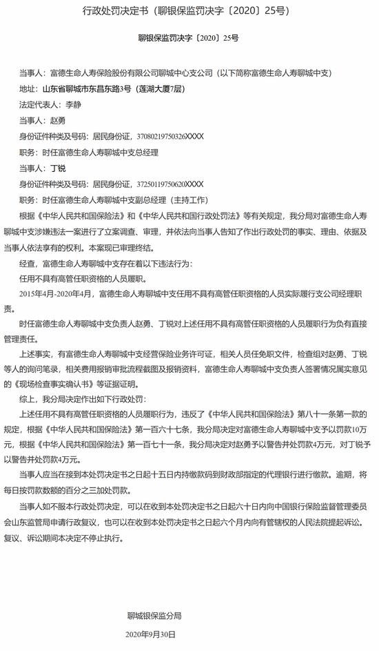 因聘任不具有任职资格人员担任高管 富德生命人寿一支公司被罚10万元