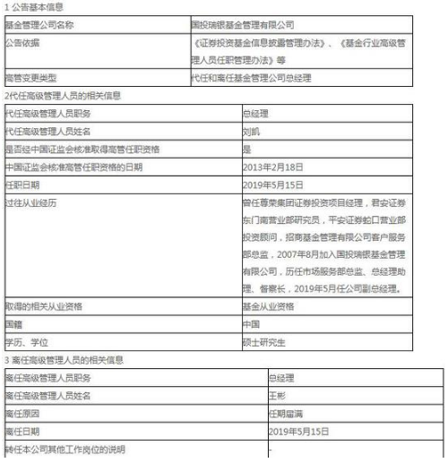 国投瑞银王彬任期届满离职 副总刘凯代任总经理一职