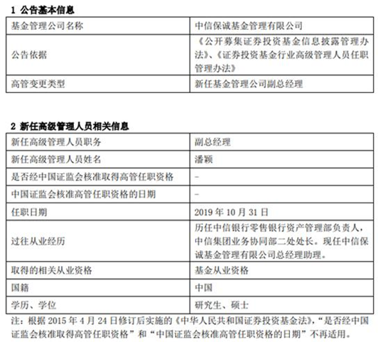 中信保诚基金高管变更 总助潘颖升任为副总经理