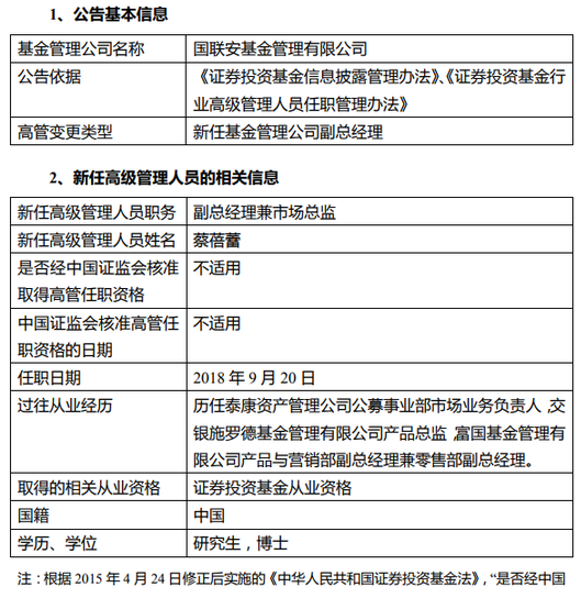 国联安基金新任李华为督察长 蔡蓓蕾为副总经理