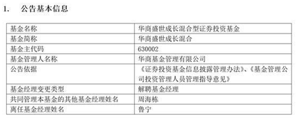 鲁宁不再担任华商基金旗下两只基金基金经理