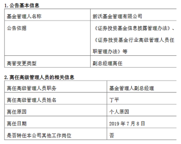 在职超2年 新沃基金副总经理丁平因个人原因离任