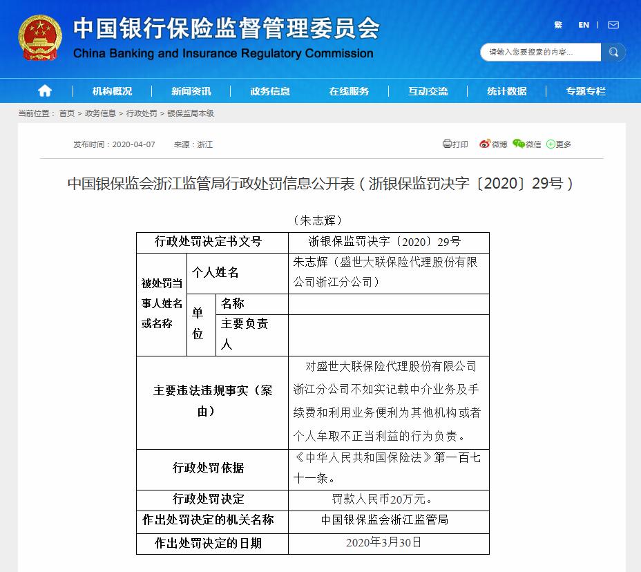因利用业务便利牟取不当利益等 盛世大联保险代理收百万罚单