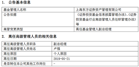 东证资管公告高管变更：副总经理卢强因个人原因离任